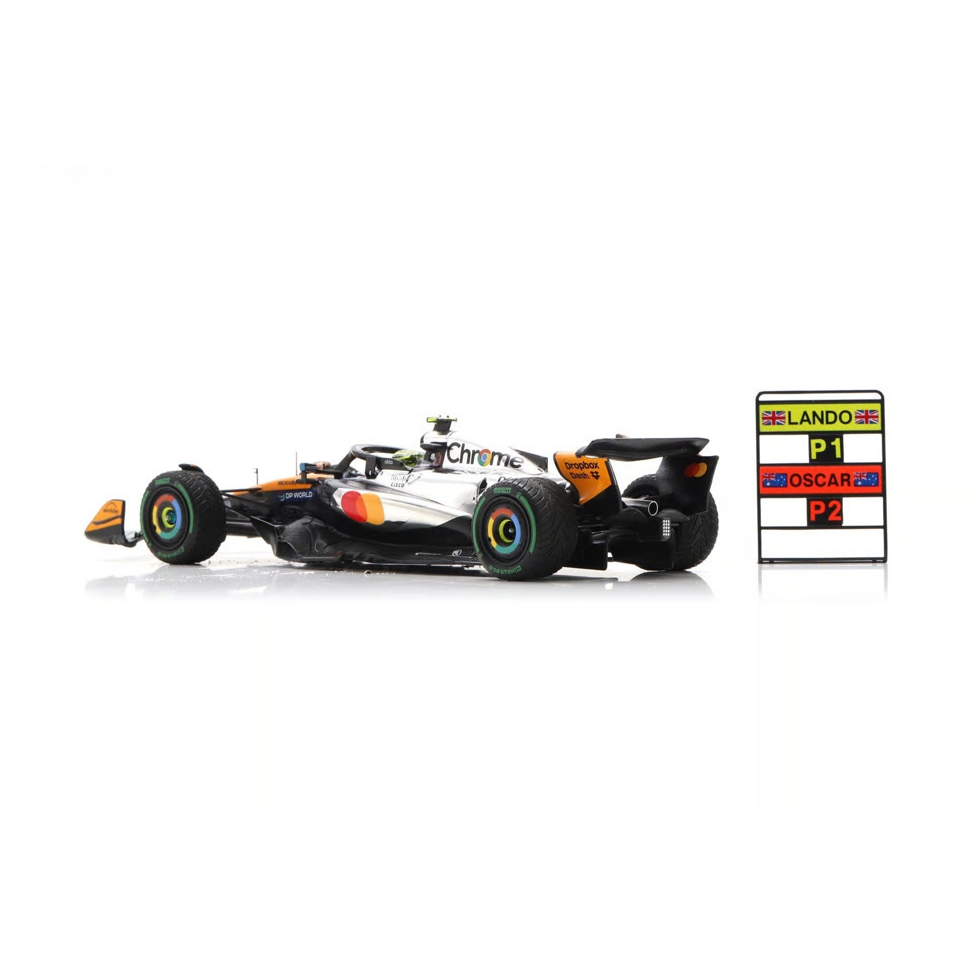 Spark McLaren Racing F1 Team MCL39 Lando Norris 2025 Silverstone GP Winner F1 Car And Pit Board Adults - Chrome - 1:43 Scale
